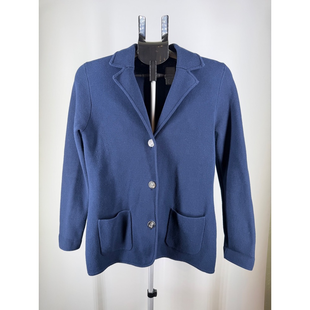 Chaps Womens Navy Blue Knit Blazer Sweater Button Front Crest Buttons Size M